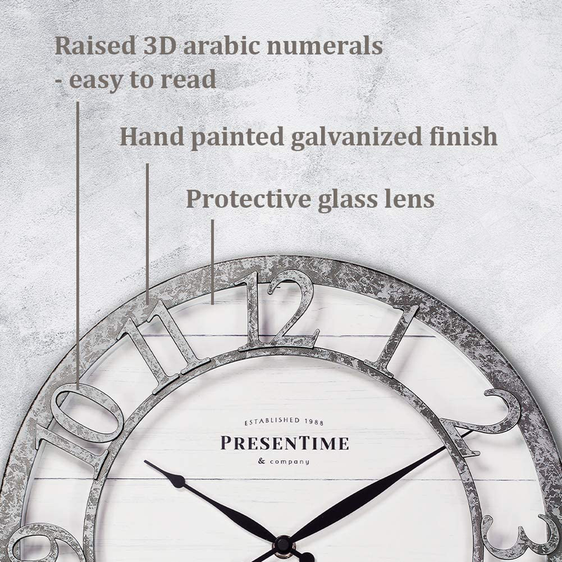 PresenTime & Co 13" Farmhouse Series Wall Clock, Quartz Movement, Shiplap Style,Raised 3D Arabic Numeral, Galvanized Finish Home & Garden > Decor > Clocks > Wall Clocks PresenTime   