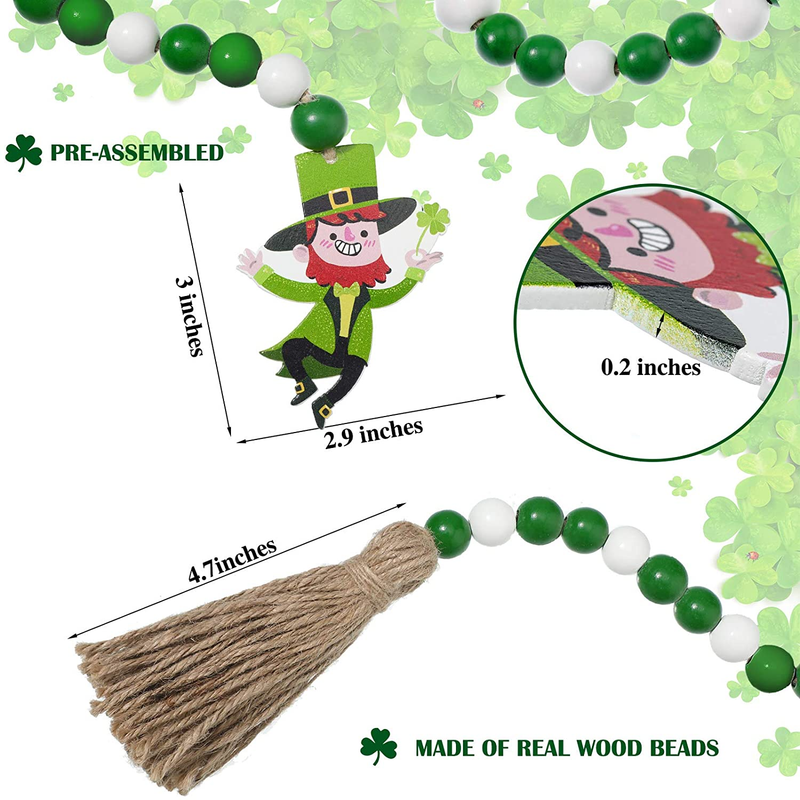 St Patrick'S Day Wood Beads Tassels Beaded Garland Leprechaun Pattern Pendant Green Wooden Bead Garland Farmhouse Style Irish Decor for St Patrick'S Day Tiered Tray Decorations Hanging Ornaments Arts & Entertainment > Party & Celebration > Party Supplies Syhood   