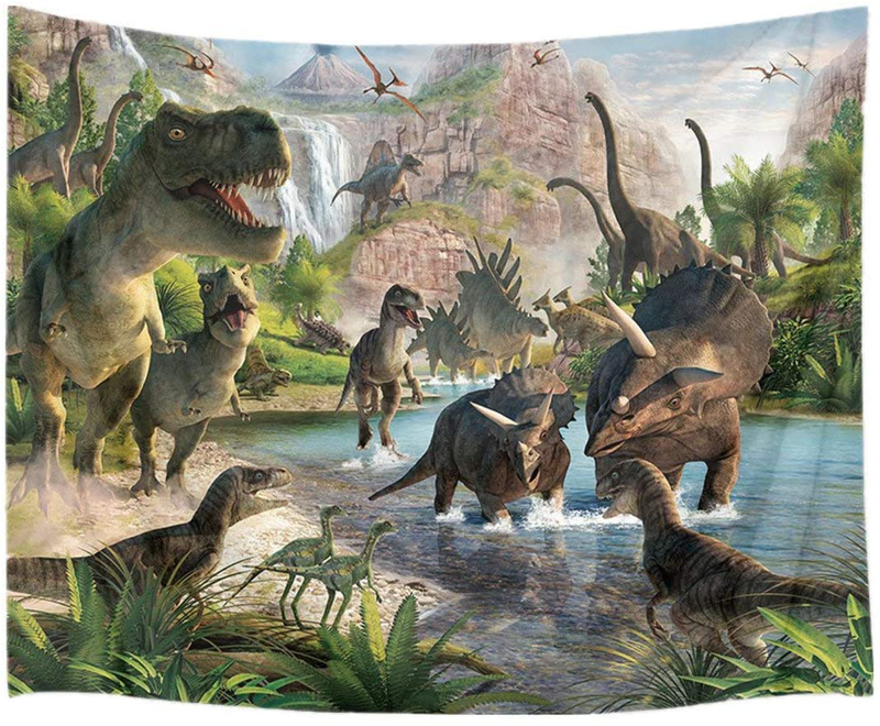 HVEST Jurassic Dinosaur Tapestry Wild Ancient Predator Animal Wall Hanging Tropical Forest with Green Trees and Mountain Wall Tapestries for Bedroom Living Room Dorm Party Wall Decor,60Wx40H inches Home & Garden > Decor > Artwork > Decorative Tapestries HVEST 60" X 40"  