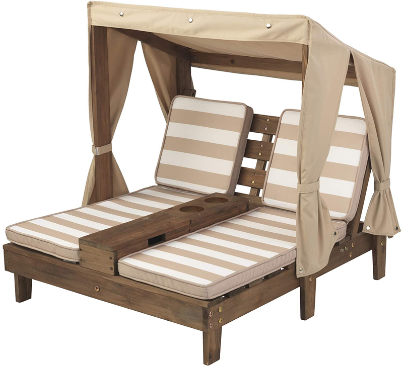 Kidkraft Wooden Outdoor Double Chaise Lounge with Cup Holders, Kid'S Patio Furniture, Gift for Ages 3+, Espresso with Oatmeal and White Striped Fabric, Gift for Ages 3-8 Sporting Goods > Outdoor Recreation > Camping & Hiking > Camp Furniture KidKraft Beige Stripe  