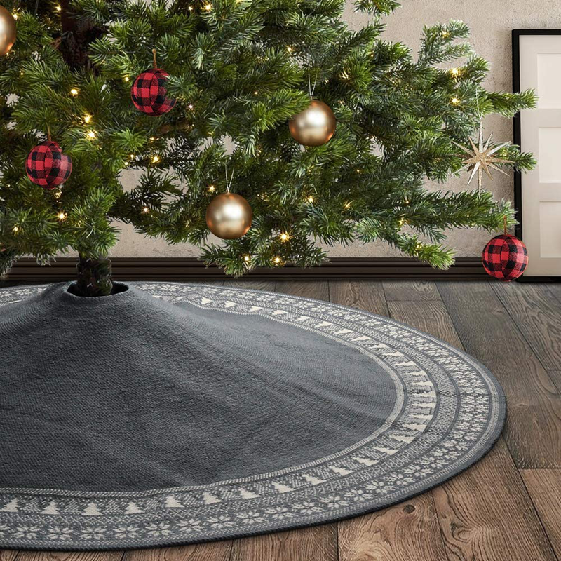 Meriwoods Fair Isle Knit Tree Skirt 48 Inch, Chunky Knitted Tree Collar for Country Rustic Christmas Decorations, Neutral Gray & Cream White
