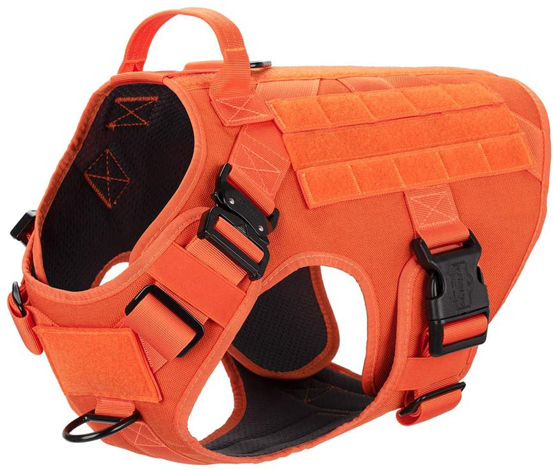 ICEFANG Tactical Dog Harness with 2X Metal Buckle,Working Dog MOLLE Vest with Handle,No Pulling Front Leash Clip,Hook and Loop for Dog Patch Animals & Pet Supplies > Pet Supplies > Dog Supplies ICEFANG Safety Orange L (Neck:18"-24" ; Chest:28"-35" ) 