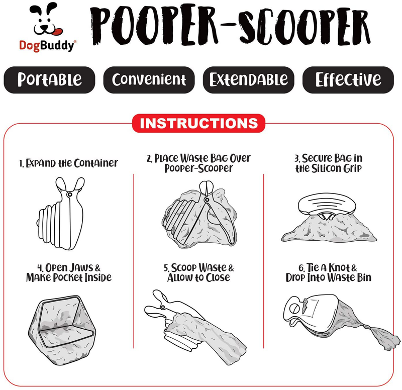 DogBuddy Pooper Scooper, Portable Dog Poop Scooper, Sanitary Dog Waste Pick Up, Heavy Duty Dog Waste Cleaner with Bag Dispenser, Dog Leash Clip and Pooper Scooper Bags Included