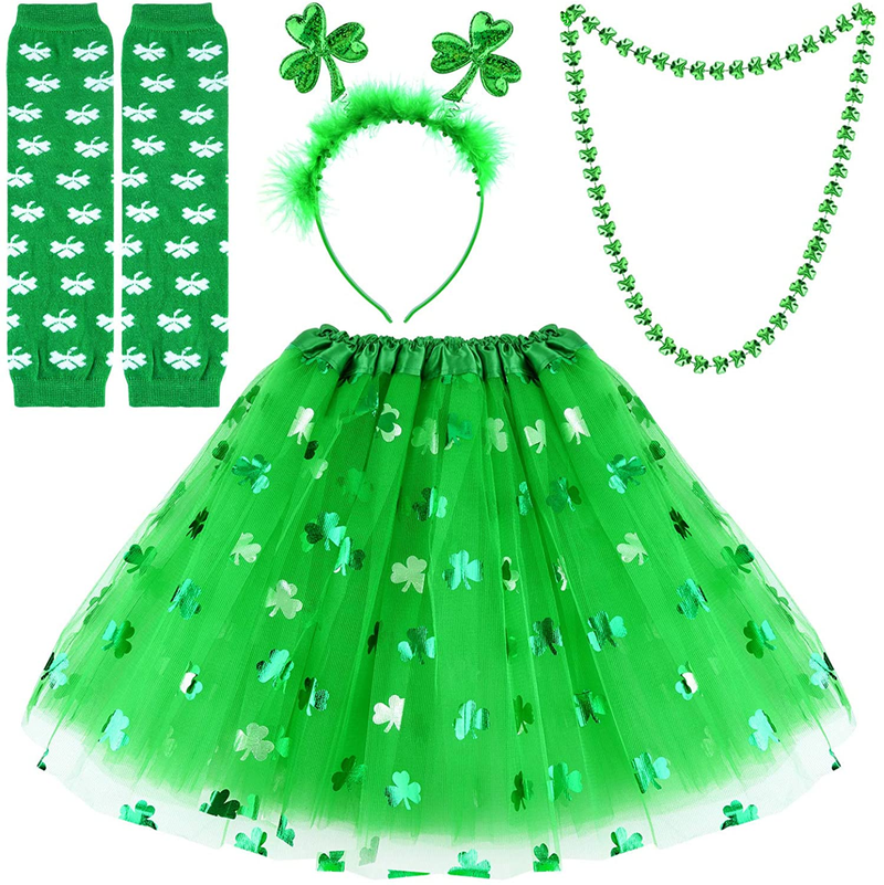 FEPITO St.Patrick'S Day Parade Costume Accessories Set Includes Shamrock Green Tutu Tulle Skirt and Shamrock Headband Necklace for St.Patrick'S Day Decoration Party Supplies Arts & Entertainment > Party & Celebration > Party Supplies FEPITO   