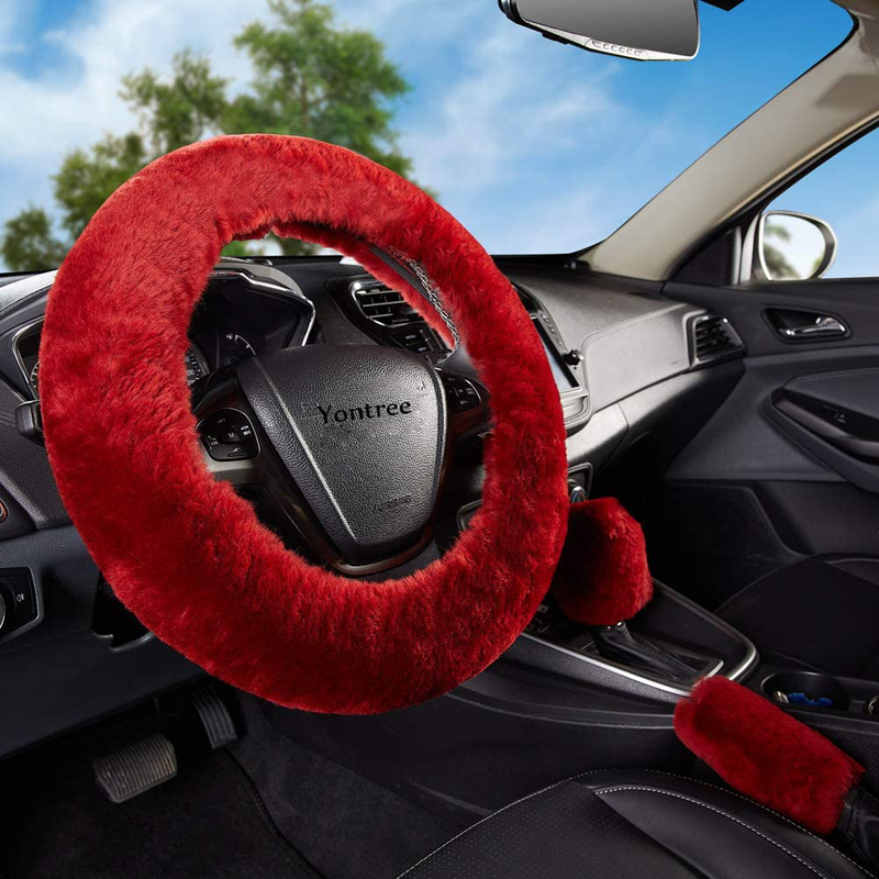 Yontree Fashion Fluffy Steering Wheel Covers for Women/Girls/Ladies Australia Pure Wool 15 Inch 1 Set 3 Pcs (Black)