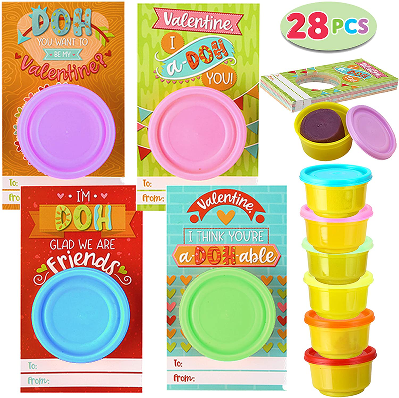 JOYIN 28 Pcs Valentines Day Gift Cards with Colorful Playing Dough for Kids Valentine Party Favors, Valentine'S Classroom Exchange Home & Garden > Decor > Seasonal & Holiday Decorations JOYIN   