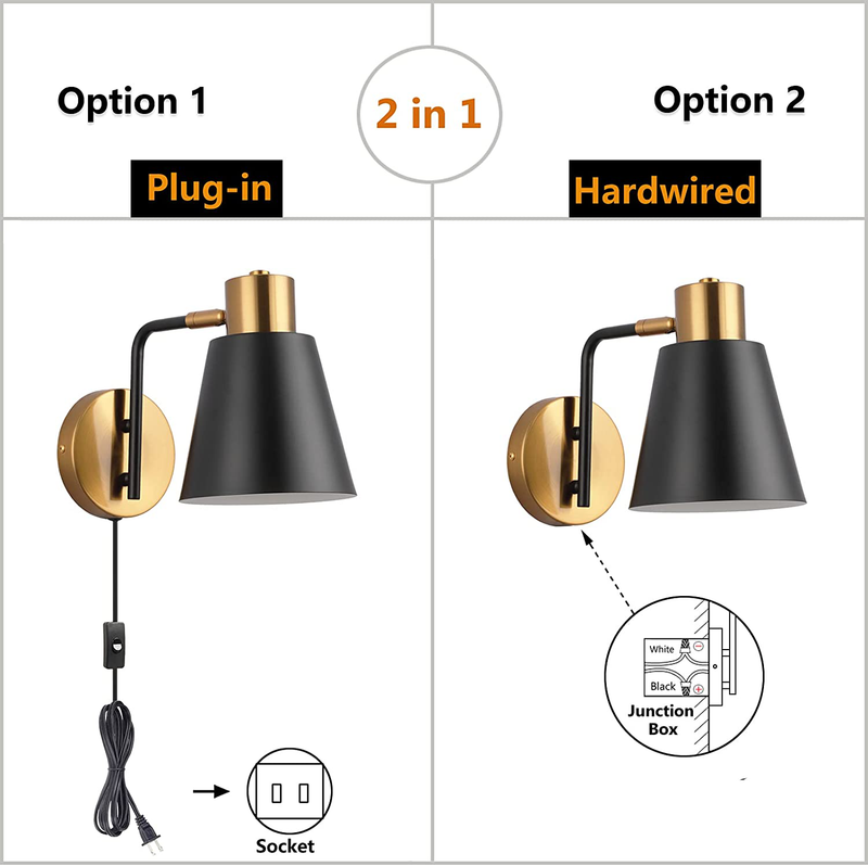 KOONTING Plug in Wall Sconce Set of 2, Modern Rotatable Wall Lamp with Plug-In Cord and On/Off Toggle Switch, Metal Shade Wall Light Fixture for Headboard Bedroom Living Room Home & Garden > Lighting > Lighting Fixtures > Wall Light Fixtures KOL DEALS   