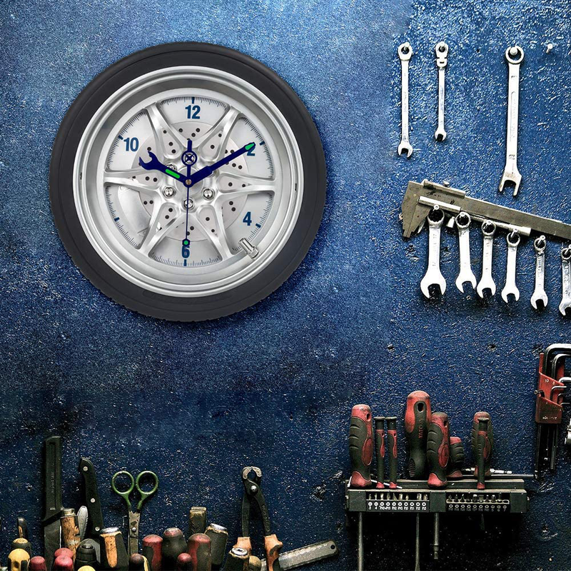 Garage Wall Clocks, Tire Rim Clock with Luminous Wrench, Silent Battery Operated Rubber Gear Decorative Clock for Automotive Mechanic Shop, Man Cave, Car Enthusiasts & Boys Bedroom- 14 Inch, Wheel Home & Garden > Decor > Clocks > Wall Clocks SkyNature   