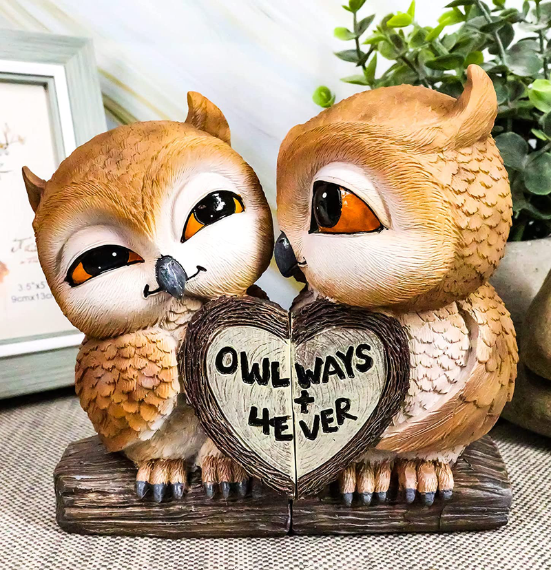 Ebros Romantic Kissing Love Owl Couple Decor Statue 2 Piece Set Decorative Figurine Valentines Birds Pair of Owls Holding Heart Shaped Sign Saying Owlways 4Ever