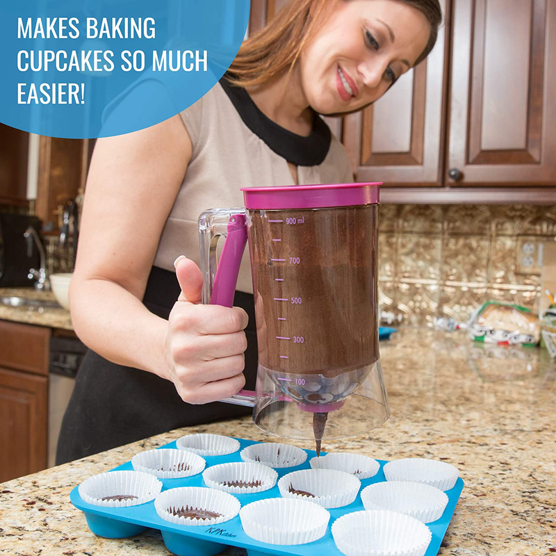KPKitchen Pancake Batter Dispenser - Perfect Baking Tool for Cupcake, Waffles, Muffin Mix, Crepes, Cake or Any Baked Goods - Easy Pour Home Food Gadget - Bakeware Maker with Measuring Label