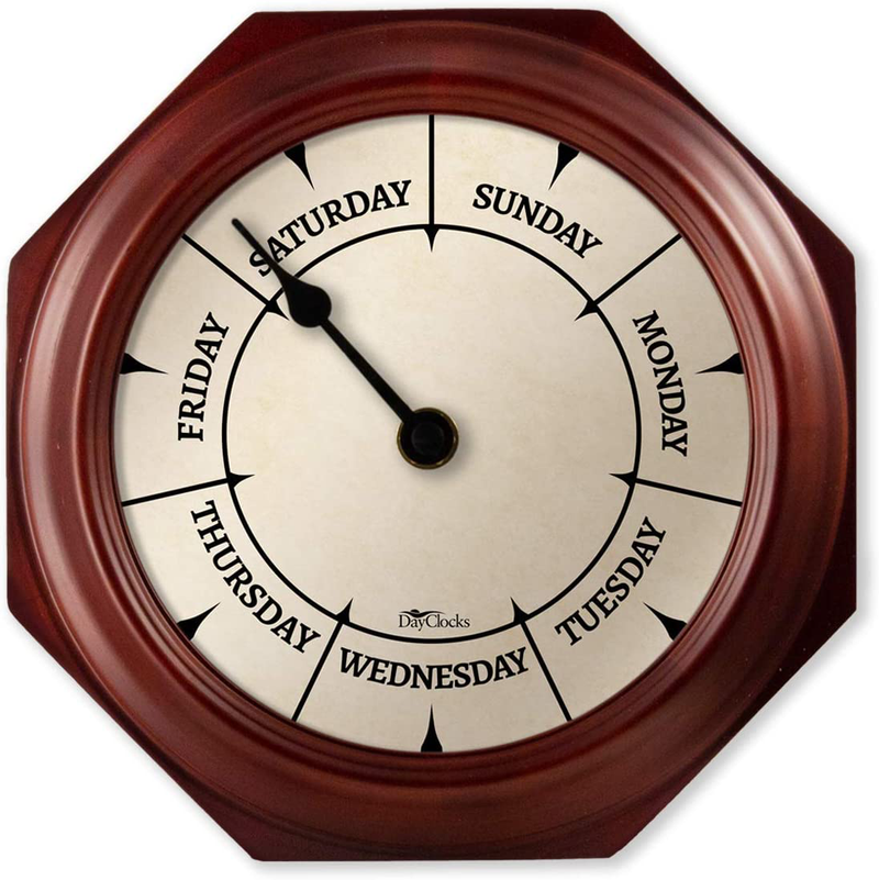 DayClocks Classic Day-of-The-Week Wall Clock with Solid Wood-Octagonal Frame – Weekly Clock with Noon & Midnight Markers – Quiet Wall Mounted Clock - Ideal Retirement Gift for Men & Women Home & Garden > Decor > Clocks > Wall Clocks DayClocks Mahogany - 9.5"  
