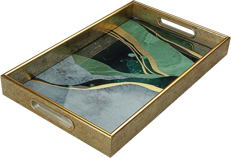 Serving Tray –Coffee Table Tray –Elegant Decorative Tray –PS and Printed Glass Table Tray –Practical and Sturdy Design–Easy to Clean and Washable–Ideal for Coffee,Breakfast,Dessert Home & Garden > Decor > Decorative Trays By gravitee Black Gold and Green 17.71 x 11.81 x 1.8 inches 