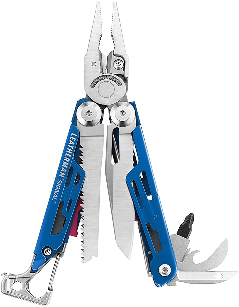 LEATHERMAN, Signal Camping Multitool with Fire Starter, Hammer and Emergency Whistle, Topographical Print Sporting Goods > Outdoor Recreation > Camping & Hiking > Camping Tools LEATHERMAN Blue/Red  