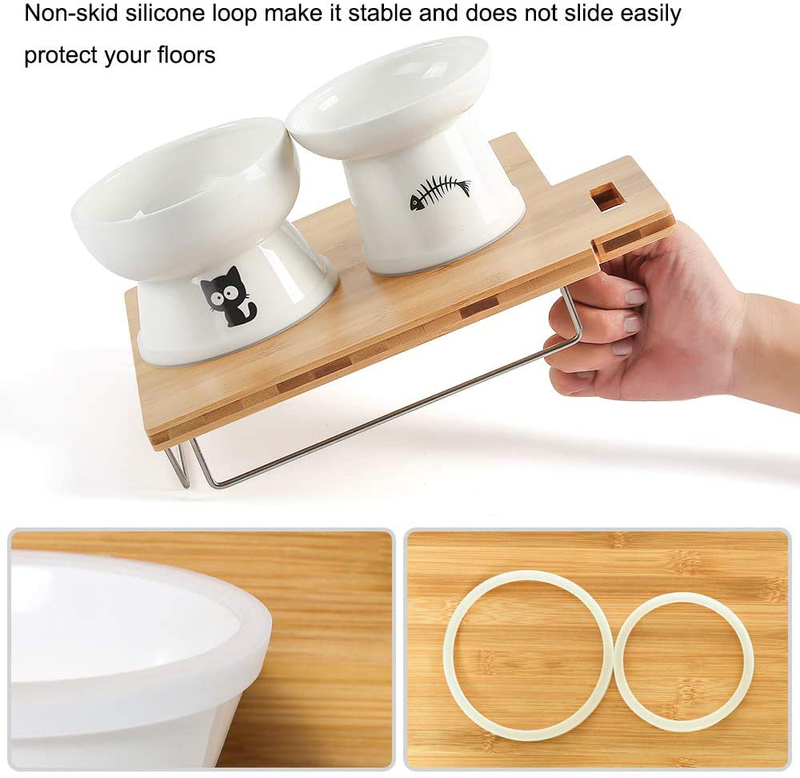 FOREYY Raised Cat Food and Water Bowl Set, Elevated Ceramic Cat Feeder Bowls with Anti Slip Band, Porcelain Pet Dish with Stand, Stress Free, Backflow Prevention, Dishwasher and Microwave Safe