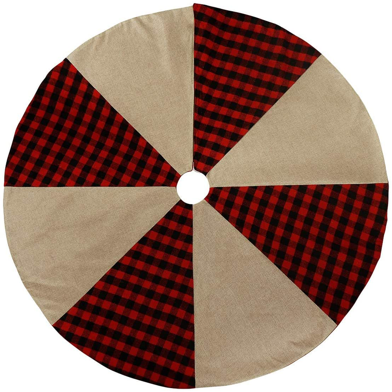 Ivenf Christmas Tree Skirt, 48 inches Buffalo Plaid with Burlap, Rustic Xmas Holiday Decoration, Red and Black