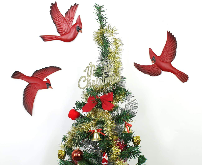 FANWNKI Red Metal Birds Cardinal Set of 3 Wall Art Decor Sculptures Hanging for Christmas Outdoor Indoor Home Garden Porch Fence Home & Garden > Decor > Artwork > Sculptures & Statues FANWNKI   