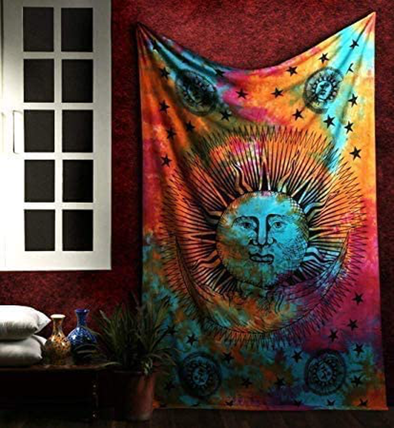 Marubhumi Psychedelic Sun Moon Stars Tie Dye Mandala Tapestry Hippie Hippy Celestial Wall Hanging Indian Trippy Bohemian Tapestries (Multi, 55 X 85 Inch (140 x 215 Cms) Home & Garden > Decor > Artwork > Decorative Tapestries Marubhumi   
