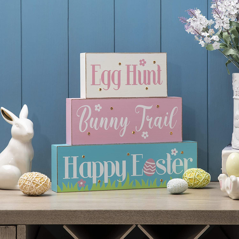 Glitzhome LED Lighted Wooden/Metal Block with Sayings Egg Hunt, Trail, Happy Easter Bunny Holiday Decorations Signs, Multi-Color Home & Garden > Decor > Seasonal & Holiday Decorations Glitzhome   
