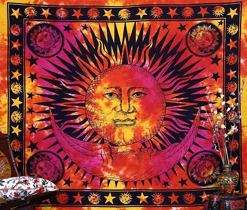 Hippie Mandala Sun and Moon Maditation Tapestry Wall Hanging - Psychedelic Celestial Indian Gypsy Hippy Bohemian Popular Mystic Tie dye Beach Blanket Multicolor