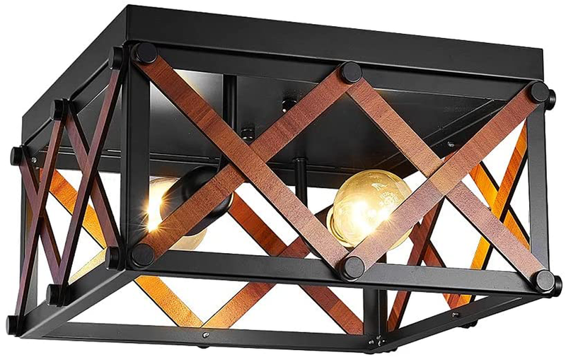 Rustic Farmhouse Flush Mount Light Fixture, Two-Light Metal and Wood Square Flush Mount Ceiling Light for Hallway, Entryway, Passway, Dining Room, Bedroom, Black