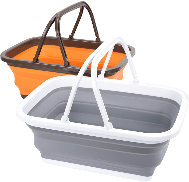 Magesh Collapsible Sink 2 Pack - Outdoor Camping Picnic Basket Each 11L/2.90Gal Wash Basin, Portable Foldable Tub/Basin/Bucket with Sturdy Handle for Washing Dishes, Camping, Hiking and Home  Magesh Gray and Orange  