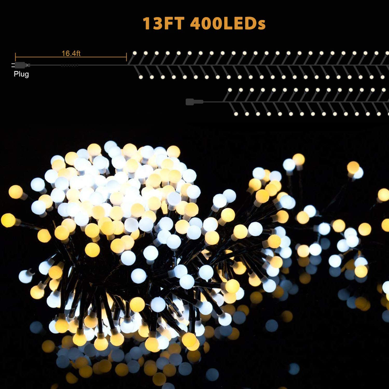 Quntis Christmas String Lights 400 Leds - 13FT Outdoor Indoor Valentines Cluster Twinkle Lights - Linkable 8 Flash Modes Xmas Decor Lights for Wedding Party Backyard Tree Bedroom Home, Yellow&White Home & Garden > Decor > Seasonal & Holiday Decorations Quntis   