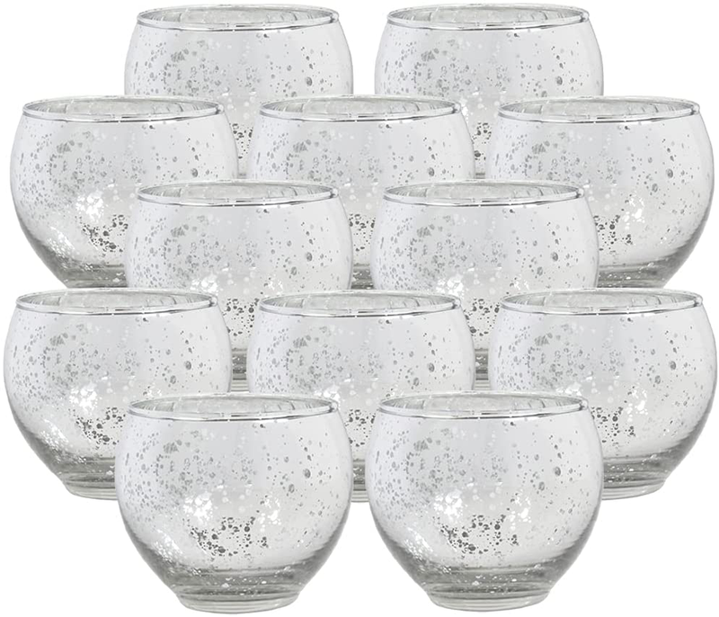 Just Artifacts 2.75-Inch Speckled Ovoid Mercury Glass Votive Candle Holder (12pc, Silver)