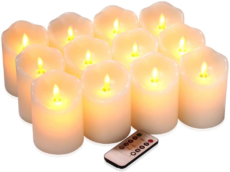 qinxiang Flameless Candles Flickering LED Candles Set of 12 (D:3" X H:4") Ivory Real Wax Pillar Battery Operated Candles with Dancing LED Flame 10-Key Remote and Cycling 24 Hours Timer Home & Garden > Decor > Home Fragrances > Candles qinxiang Default Title  