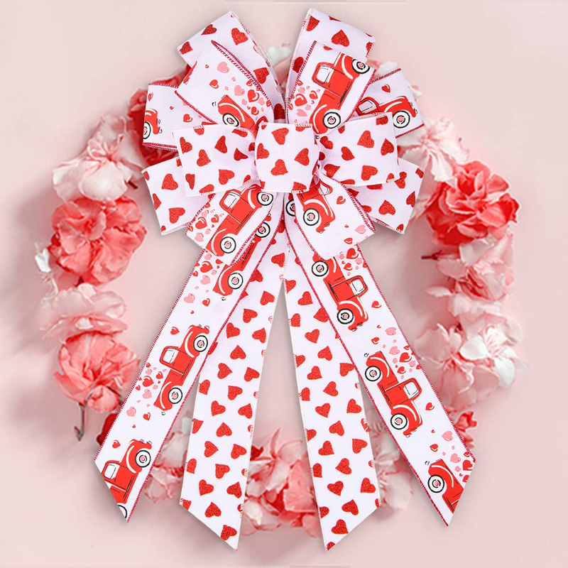 Large Valentine'S Day Bows for Wreath, Red Truck Heart White Wreath Bow for Valentine'S Décor - Valentine'S Day Bow for Front Door Indoor Outdoor Wall Decoration Supplies Ornament Home & Garden > Decor > Seasonal & Holiday Decorations Hying   