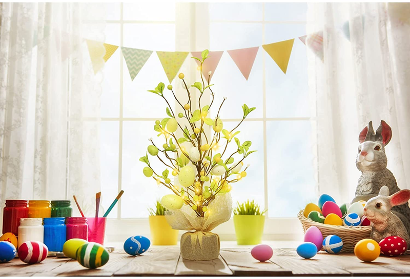 Rosecraft Easter Decorations, 18 Inch Pre-Lit Easter Egg Tree Tabletop Decor with Delicate Oranments, for Home Party Wedding Holiday Spring Summer Decoration - Gifts, Yellow/White. Home & Garden > Decor > Seasonal & Holiday Decorations RoseCraft   