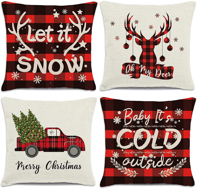 HAJACK Christmas Pillow Covers, Christmas Decorations Throw Pillow Covers, 18x18 Inches Set of 4 Throw Pillow Cases with Holiday Decor, Buffalo Plaid Couch Pillow Case Christmas Winter Decorations Home & Garden > Decor > Seasonal & Holiday Decorations& Garden > Decor > Seasonal & Holiday Decorations HAJACK A  