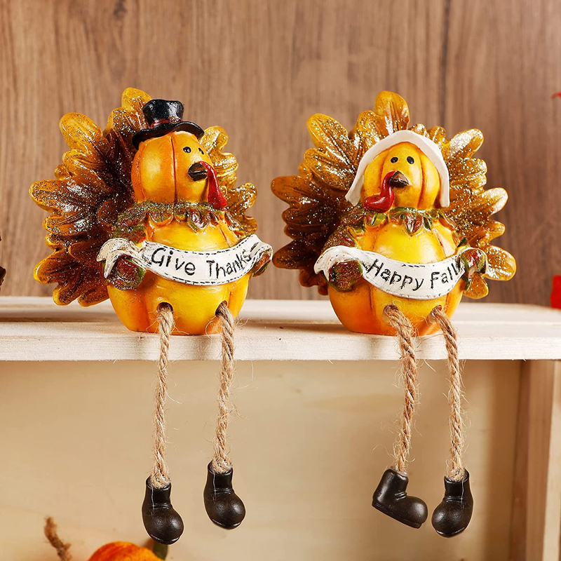Lulu Home Thanksgiving Turkey Figurines, Set of 2 Resin Turkey Shelf Sitters with Dangling Legs, Give Thanks Happy Fall Harvest Sculpture for Window Sill Kitchen Tabletop Autumn Home Decor