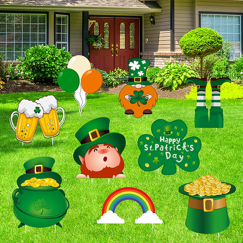 Geefuun 9PCS St. Patrick'S Day Yard Sign Decorations - Leprechaun/Shamrock/Irish Saint Patty'S Day Lawn Outdoor Decor with Stakes