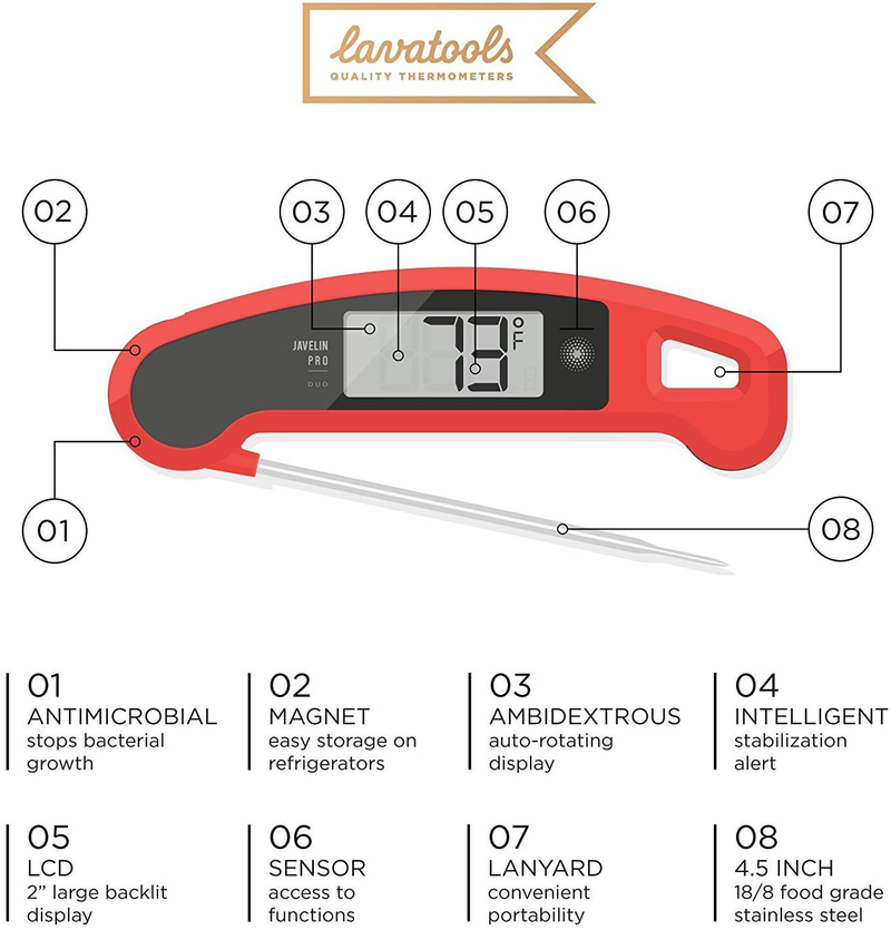 Lavatools Javelin PRO Duo Ambidextrous Backlit Professional Digital Instant Read Meat Thermometer for Kitchen, Food Cooking, Grill, BBQ, Smoker, Candy, Home Brewing, Coffee, and Oil Deep Frying Home & Garden > Kitchen & Dining > Kitchen Tools & Utensils Lavatools   