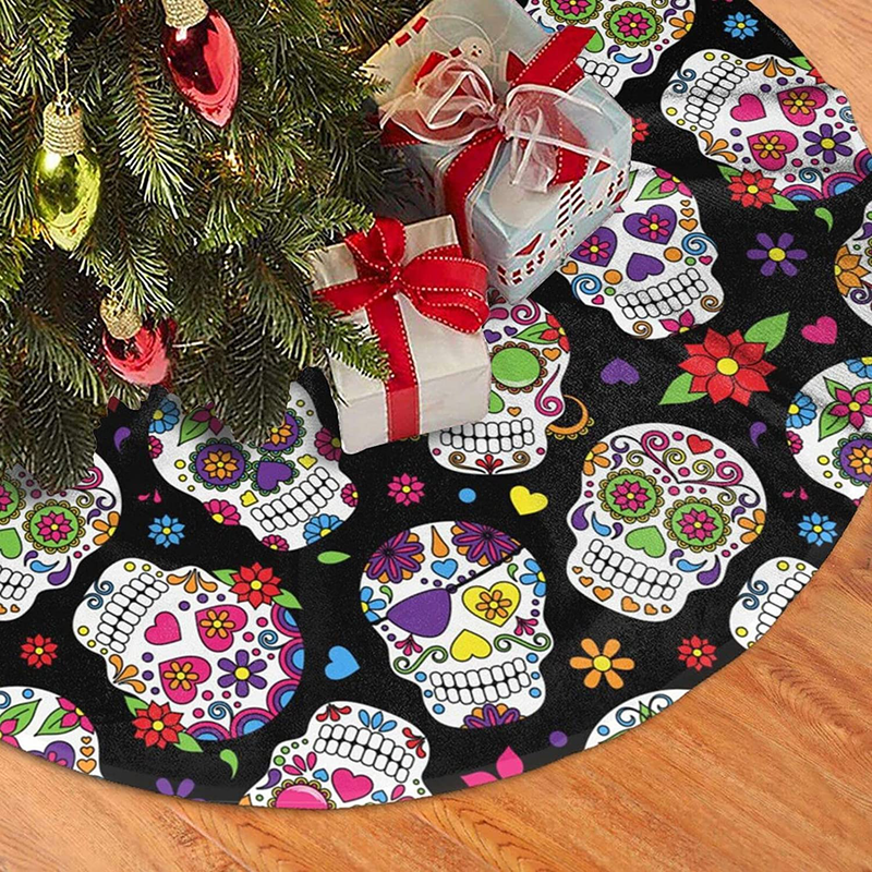Day of The Dead Sugar Skull Black Tree Skirt Christmas Decorations, Elegant Xmas Tree Mat 36 Inch for Farmhouse Holiday and Party Decor Home & Garden > Decor > Seasonal & Holiday Decorations > Christmas Tree Skirts Ceambd   