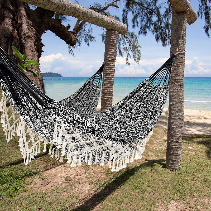 ROOITY Portable Hammock with Tassel,2 Person,Brazilian Tree Hammocks with Carry Bag for Bedroom,Garden,Backyard,Patio,Outdoor and Indoor XX-Large Black/White Woven Cotton Fabric, Up to 450Lbs Home & Garden > Lawn & Garden > Outdoor Living > Hammocks ROOITY   