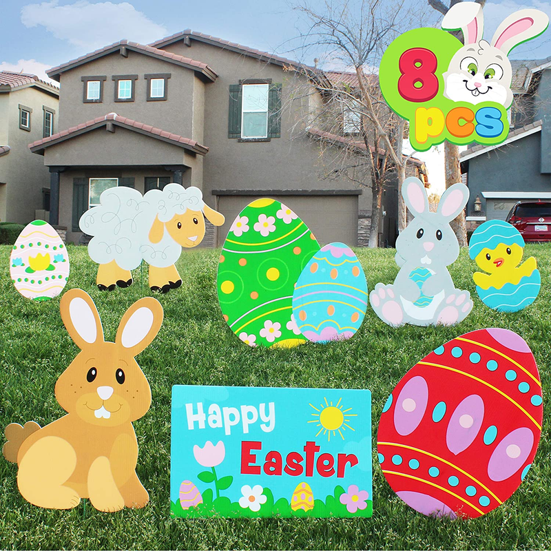 JOYIN 8 Pieces Easter Yard Signs Decorations Outdoor Bunny, Chick and Eggs Yard Stake Signs Easter Lawn Yard Decorations for Easter Hunt Game, Party Supplies Dècor, Easter Props. Home & Garden > Decor > Seasonal & Holiday Decorations JOYIN Rabbit+Egg  