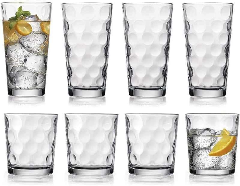 Glassware Drinking Glasses Set of 8 by Home Essentials and Beyond | 4 Highball (17 oz.) Kitchen Glasses And 4 (13 oz.) Rocks Glass Cups Inner Circular Lensed for Water, Juice and Cocktails. Home & Garden > Kitchen & Dining > Tableware > Drinkware Home Essentials & Beyond   