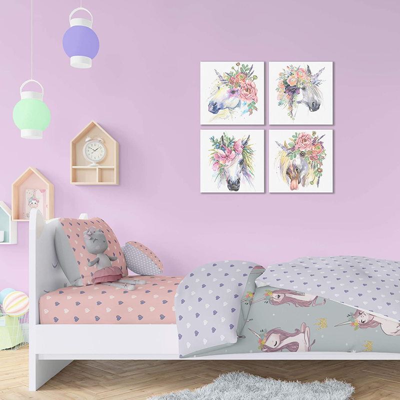 Something Unicorn - Stretched/Framed, Ready to Hang Canvas Wall Art for Girl's Bedroom. Super Cute Water Color Unicorn Prints for Teens or Girls Bedroom Decor. Set of 4. 12x12in - Floral Unicorn Home & Garden > Decor > Seasonal & Holiday Decorations Something Unicorn   