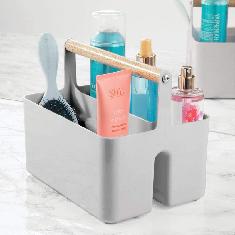 Mdesign Plastic Portable Shower Caddy Divided Basket Bin Storage Organizer with Wood Handle for Bathroom Vanity, Dorm Shelf & Cabinet - Holds Shampoo, Conditioner - Aura Collection - Gray/Natural