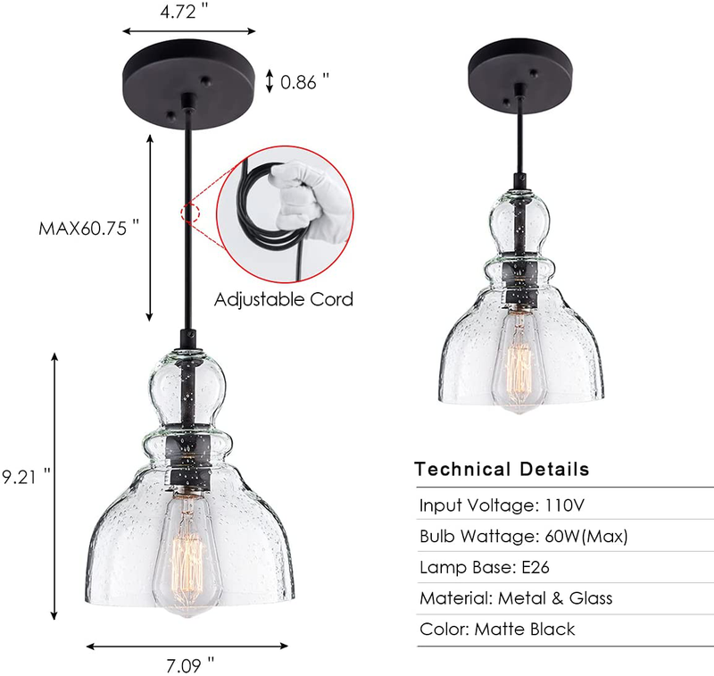 LANROS Industrial Mini Pendant Lighting with Handblown Clear Seeded Glass Shade, Adjustable Cord Farmhouse Lamp Ceiling Pendant Light Fixture for Kitchen Island Restaurant Kitchen Sink, Black, 1 Pack Home & Garden > Lighting > Lighting Fixtures LANROS   