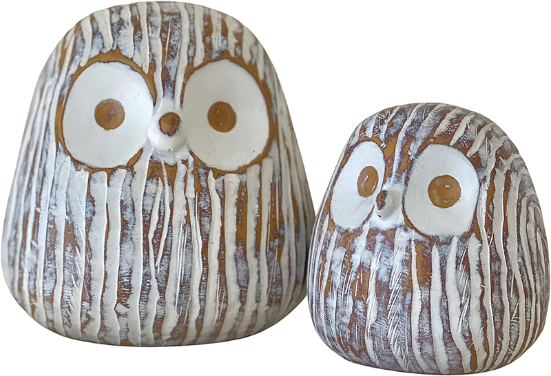 Huey House Chubby Night Owl Decor Statue Sculpture, Bookshelf Decor Accents, Boxed Set of 2 Rustic Brown & White (3⅛ & 4⅓ inches) Decorative Resin Figurines