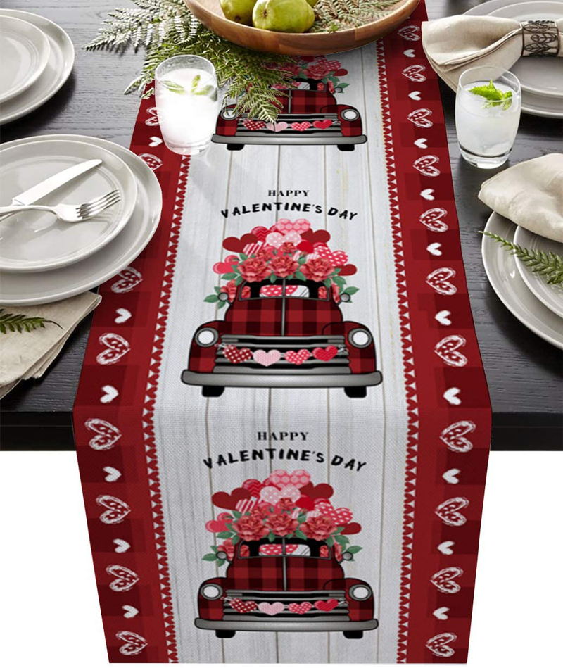 Cotton Linen Table Runner Happy Valentine'S Day Red Truck Roses Table Setting Decor Red Plaid Wooden Board for Garden Wedding Parties Dinner Decoration for All Seasons - 14 X 72 Inches Home & Garden > Decor > Seasonal & Holiday Decorations AXMSYun 13 x 108inch(33x274cm)  