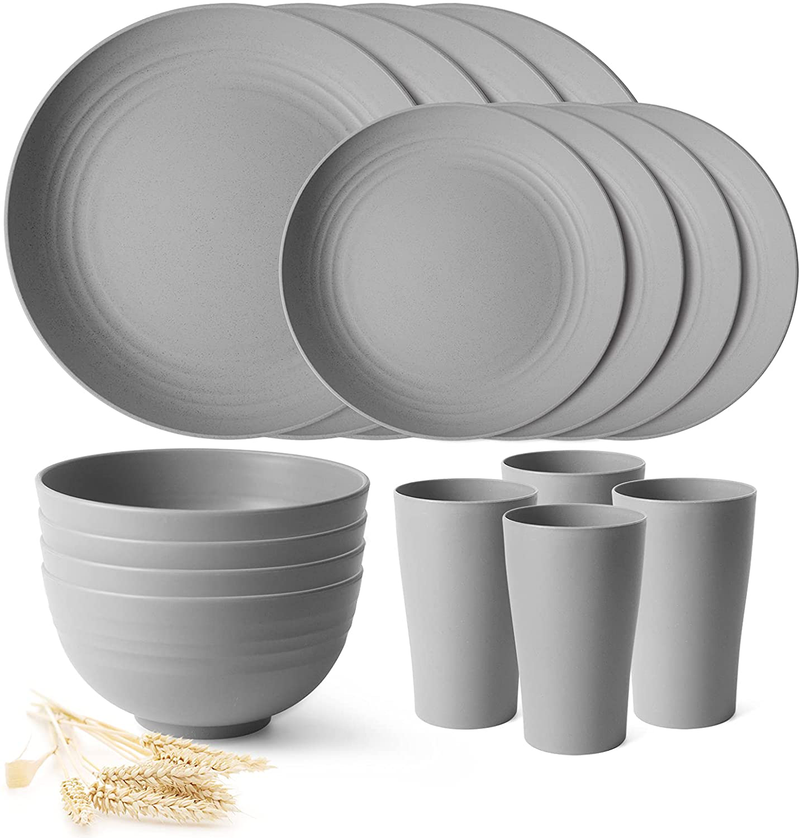 Teivio 24-Piece Kitchen Wheat Straw Dinnerware Set, Dinner Plates, Dessert Plate, Cereal Bowls, Cups, Unbreakable Plastic Outdoor Camping Dishes (Service for 6 (24 piece), Multicolor) Home & Garden > Kitchen & Dining > Tableware > Dinnerware Teivio Gray Service for 4 (16 piece) 
