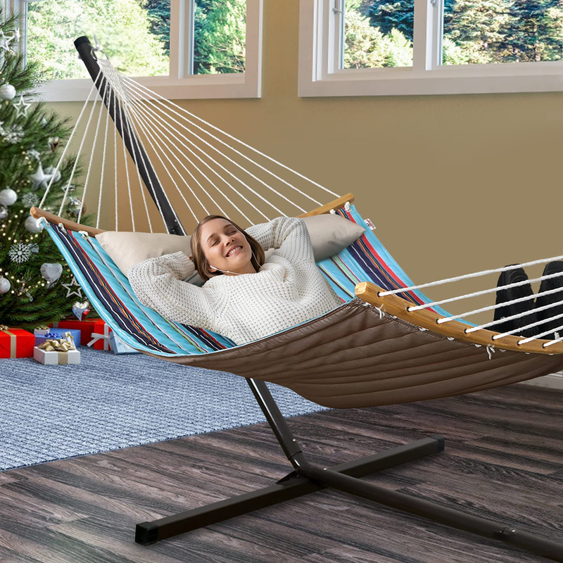 Portable Hammock with Stand, Ergonomic 2 Person Heavy Duty Hammock, 475lb Capacity, Perfect for Indoor Outdoor Patio, Deck & Yard - Pillow, Quilted Bed & Unique Curved Bamboo Spreader Bars, Royal Blue