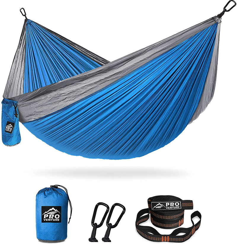 Pro Venture Hammocks - Double or Single Hammock 400lbs (+2 Tree Straps + 2 Carabiners) - Portable 2 Person, Safe, Strong, Lightweight Nylon 210T - for Camping, Backpacking, Hiking, Patio Home & Garden > Lawn & Garden > Outdoor Living > Hammocks Pro Venture Double - Sky Blue / Grey  