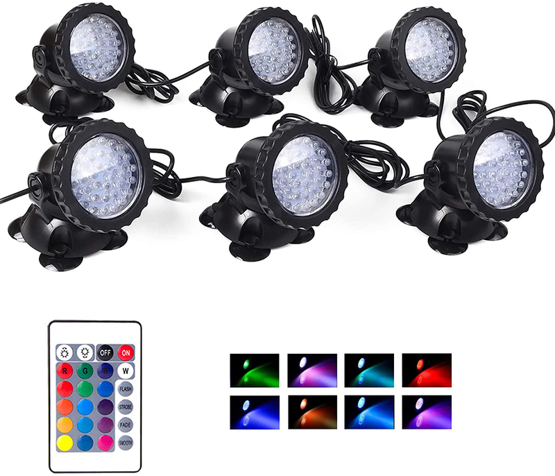 Pond Lights Waterproof 36 LED Underwater Submersible Fountain Light IP68 Landscape Spotlight, Remote Control Multi-Color Dimmable Memory for Pond Garden Yard Lawn Pathway, Set of 6 Home & Garden > Pool & Spa > Pool & Spa Accessories SHOYO 6 in Set  