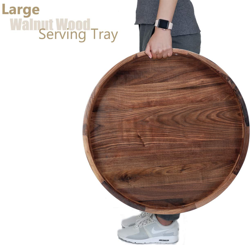 MAGIGO 22 Inches Extra Large Round Black Walnut Wood Ottoman Tray with Handles, Serve Tea, Coffee or Breakfast in Bed, Classic Circular Wooden Decorative Serving Tray Home & Garden > Decor > Decorative Trays MAGIGO   