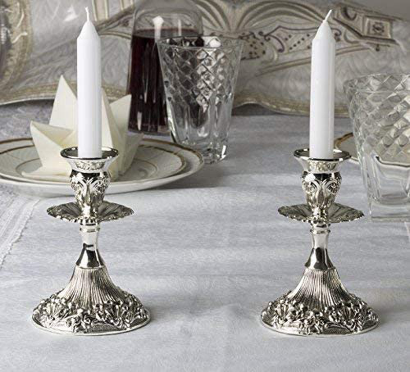 Ner Mitzvah Silver Plated Candlesticks - 2 Pack Set - Pair of 5 Inch Ornate Candle Holders with Round Base and Floral Design Home & Garden > Decor > Home Fragrance Accessories > Candle Holders Ner Mitzvah   