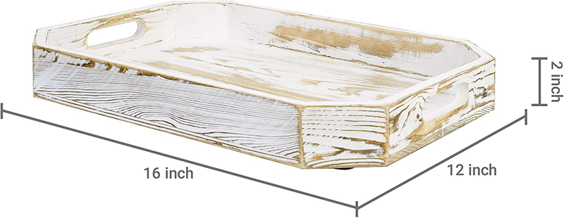 MyGift Shabby Whitewashed Wood Serving Breakfast Tray, Coffee Server with Cut-out Handles and Angled Edges